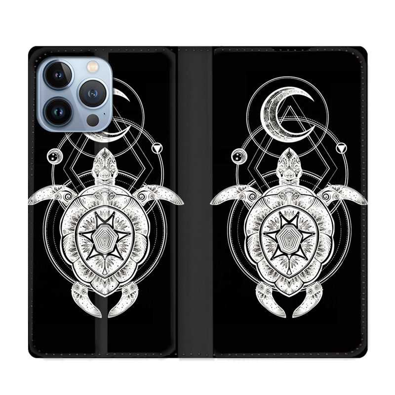 Housse Cuir Portefeuille Pour Iphone 13 Pro Animaux Maori Tortue Noir