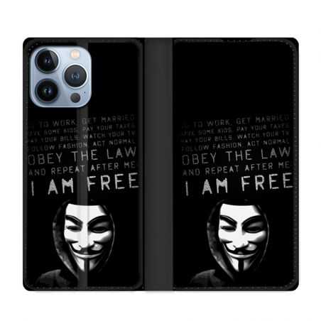 Housse Cuir Portefeuille Pour Iphone 13 Pro Anonymous I am free
