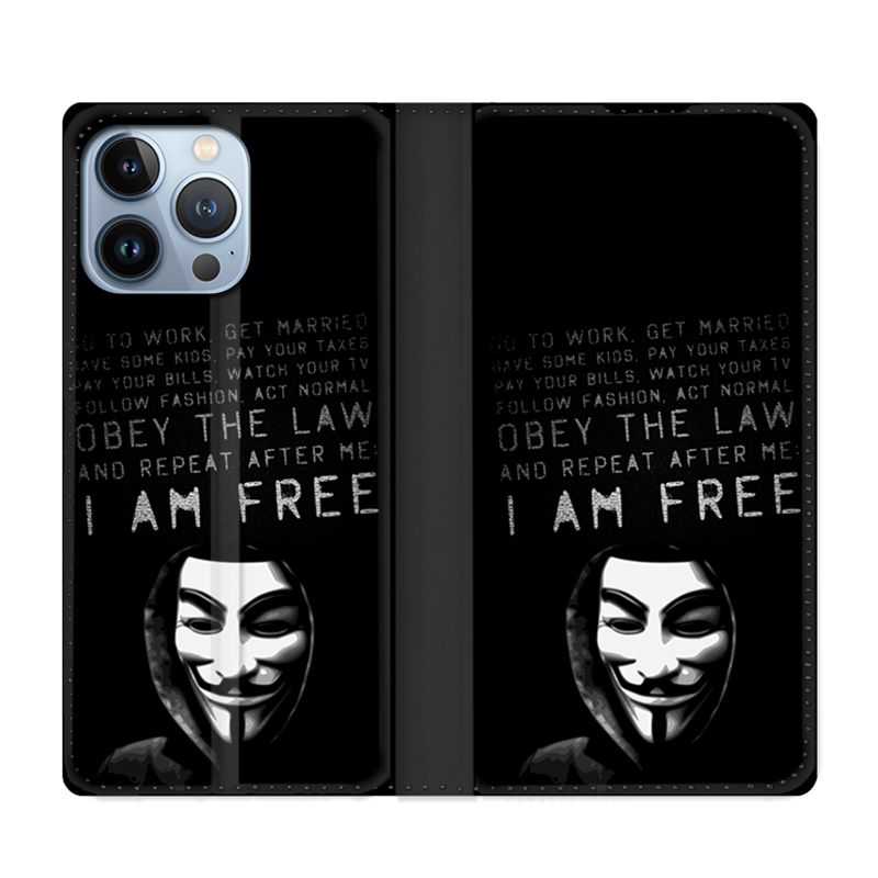 Housse Cuir Portefeuille Pour Iphone 13 Pro Anonymous I am free