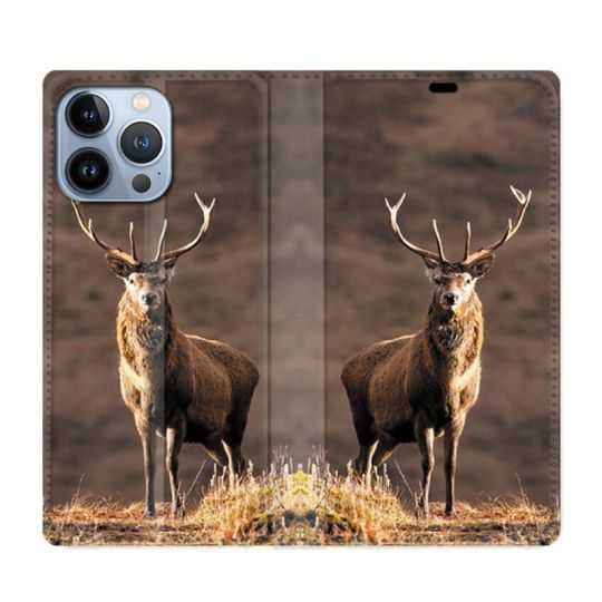 Housse Cuir Portefeuille Pour Iphone 13 Pro Chasse Chevreuil Blanc