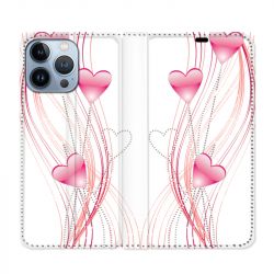 Housse Cuir Portefeuille Pour Iphone 13 Pro Coeur Rose Montant sur Blanc