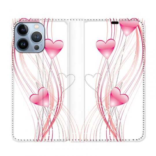 Housse Cuir Portefeuille Pour Iphone 13 Pro Coeur Rose Montant sur Blanc