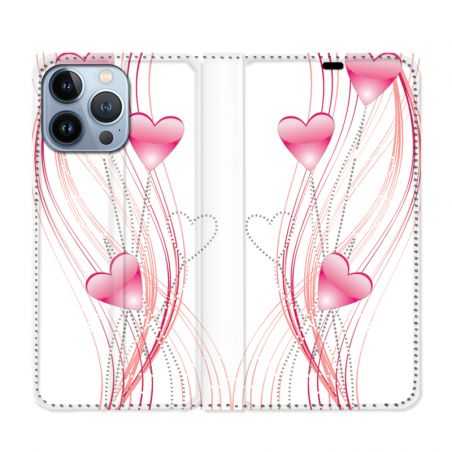 Housse Cuir Portefeuille Pour Iphone 13 Pro Coeur Rose Montant sur Blanc
