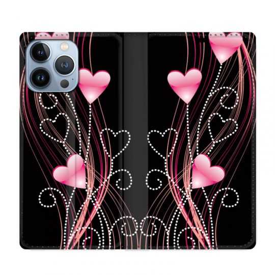 Housse Cuir Portefeuille Pour Iphone 13 Pro Coeur Rose Montant sur Noir