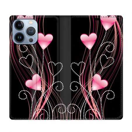Housse Cuir Portefeuille Pour Iphone 13 Pro Coeur Rose Montant sur Noir