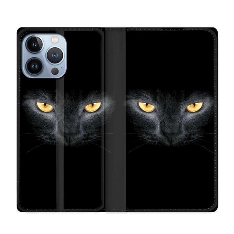 Housse Cuir Portefeuille Pour Iphone 13 Pro Chat Noir