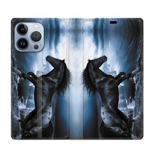 Housse Cuir Portefeuille Pour Iphone 13 Pro Cheval Noir
