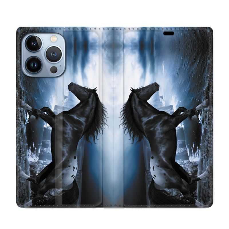 Housse Cuir Portefeuille Pour Iphone 13 Pro Cheval Noir