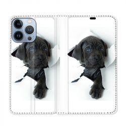 Housse Cuir Portefeuille Pour Iphone 13 Pro Chien Noir