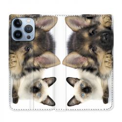 Housse Cuir Portefeuille Pour Iphone 13 Pro Chien vs Chat