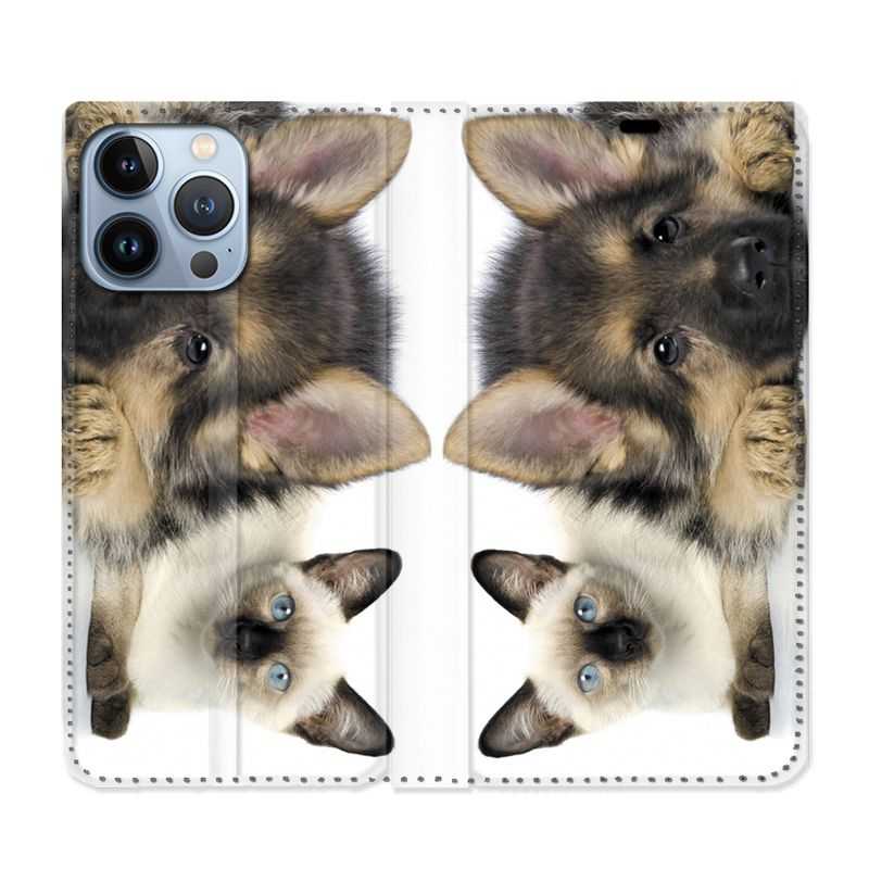 Housse Cuir Portefeuille Pour Iphone 13 Pro Chien vs Chat