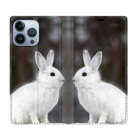 Housse Cuir Portefeuille Pour Iphone 13 Pro Lapin Blanc