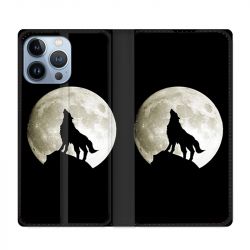 Housse Cuir Portefeuille Pour Iphone 13 Pro Loup Noir