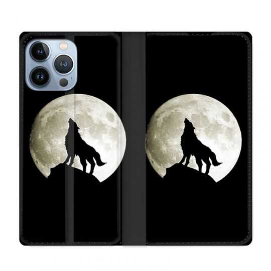 Housse Cuir Portefeuille Pour Iphone 13 Pro Loup Noir