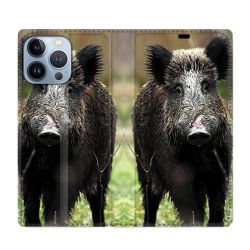 Housse Cuir Portefeuille Pour Iphone 13 Pro Chasse Sanglier bois