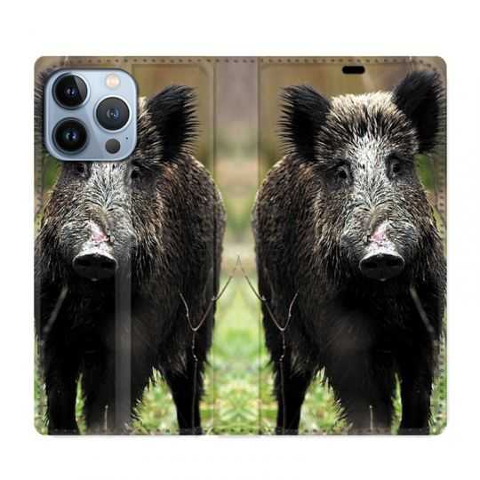 Housse Cuir Portefeuille Pour Iphone 13 Pro Chasse Sanglier bois