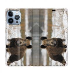 Housse Cuir Portefeuille Pour Iphone 13 Pro Chasse Sanglier Neige