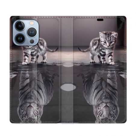 Housse Cuir Portefeuille Pour Iphone 13 Pro Chat Reflet