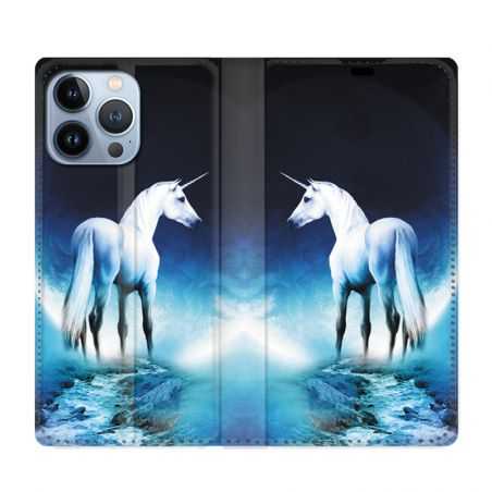 Housse Cuir Portefeuille Pour Iphone 13 Pro Licorne Lune