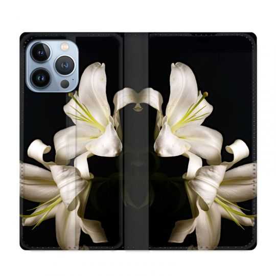 Housse Cuir Portefeuille Pour Iphone 13 Pro Fleur Lys Noir