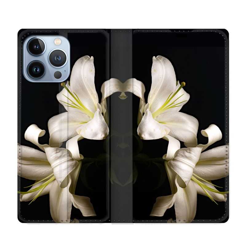 Housse Cuir Portefeuille Pour Iphone 13 Pro Fleur Lys Noir