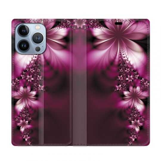 Housse Cuir Portefeuille Pour Iphone 13 Pro Fleur Violette Montante