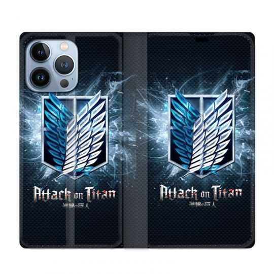 Housse Cuir Portefeuille Pour Iphone 13 Pro Manga Attaque Titans Noir