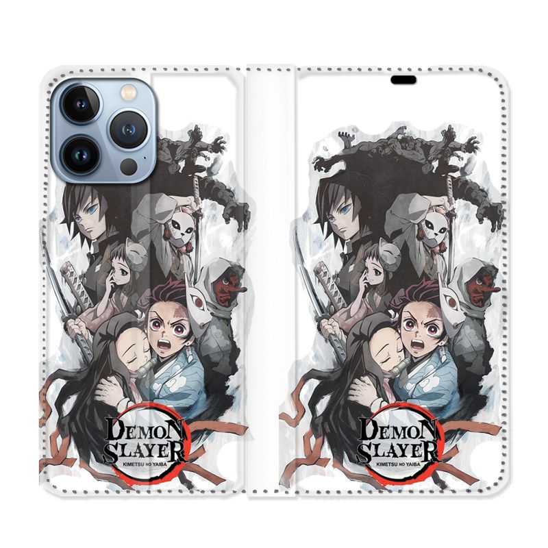 Housse Cuir Portefeuille Pour Iphone 13 Pro Manga Demon Slayer Blanc