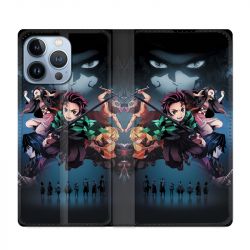 Housse Cuir Portefeuille Pour Iphone 13 Pro Manga Demon Slayer Noir