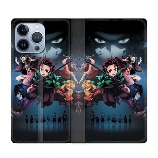 Housse Cuir Portefeuille Pour Iphone 13 Pro Manga Demon Slayer Noir