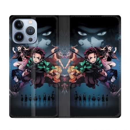 Housse Cuir Portefeuille Pour Iphone 13 Pro Manga Demon Slayer Noir