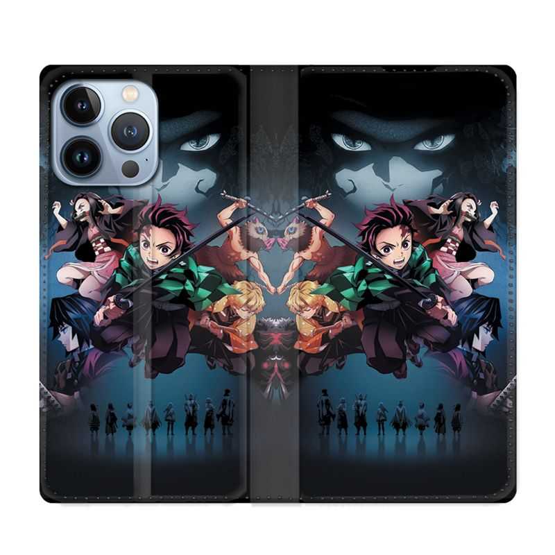 Housse Cuir Portefeuille Pour Iphone 13 Pro Manga Demon Slayer Noir