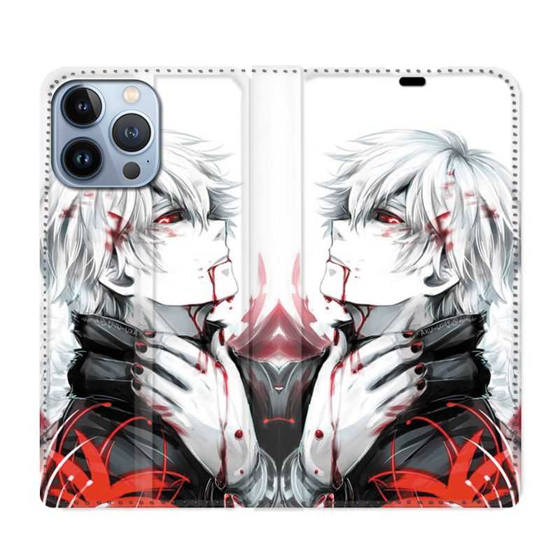 Housse Cuir Portefeuille Pour Iphone 13 Pro Manga Kaneki Blanc