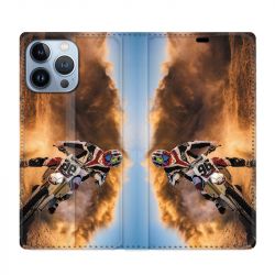 Housse Cuir Portefeuille Pour Iphone 13 Pro Moto Cross Blanc