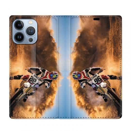 Housse Cuir Portefeuille Pour Iphone 13 Pro Moto Cross Blanc