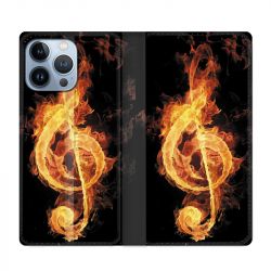 Housse Cuir Portefeuille Pour Iphone 13 Pro Musique Clé Sol Feu N