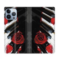 Housse Cuir Portefeuille Pour Iphone 13 Pro Musique Rose Piano