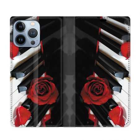 Housse Cuir Portefeuille Pour Iphone 13 Pro Musique Rose Piano