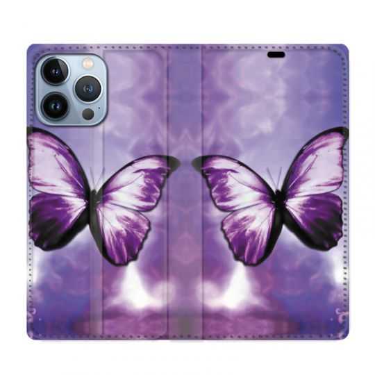 Housse Cuir Portefeuille Pour Iphone 13 Pro Papillon Violet et Blanc