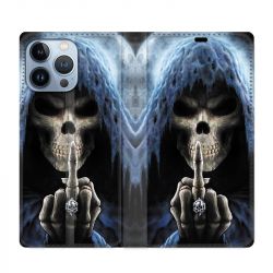 Housse Cuir Portefeuille Pour Iphone 13 Pro Tete de Mort Doigt