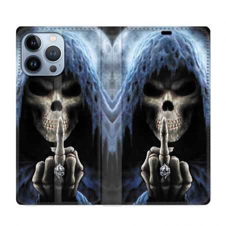Housse Cuir Portefeuille Pour Iphone 13 Pro Tete de Mort Doigt