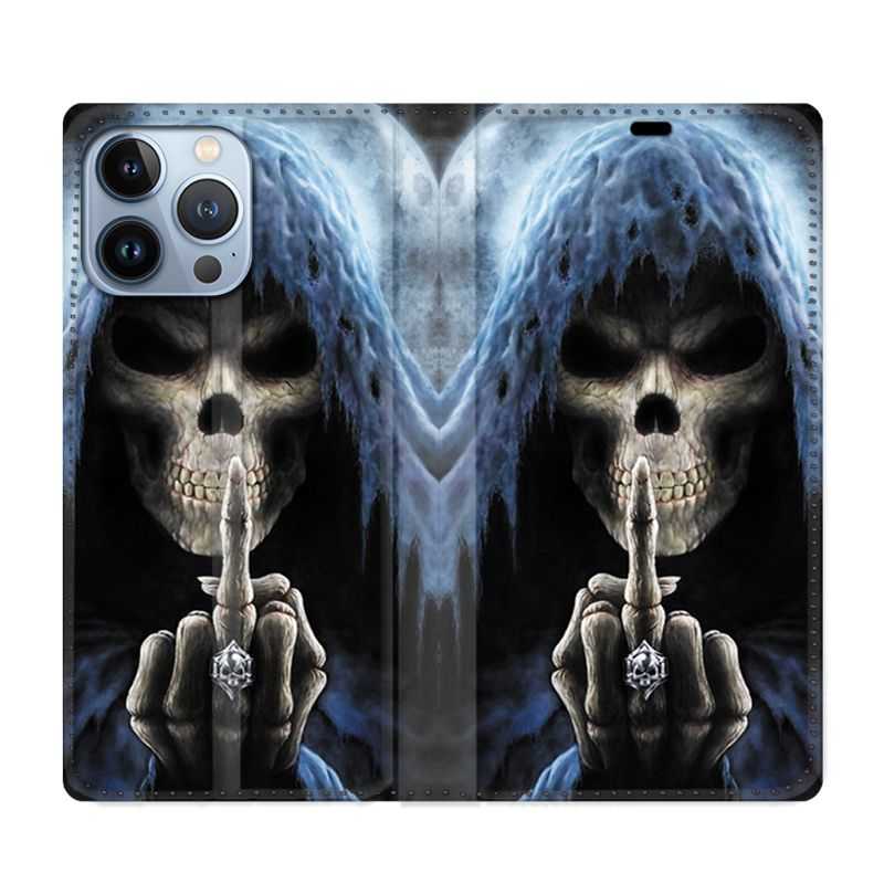 Housse Cuir Portefeuille Pour Iphone 13 Pro Tete de Mort Doigt