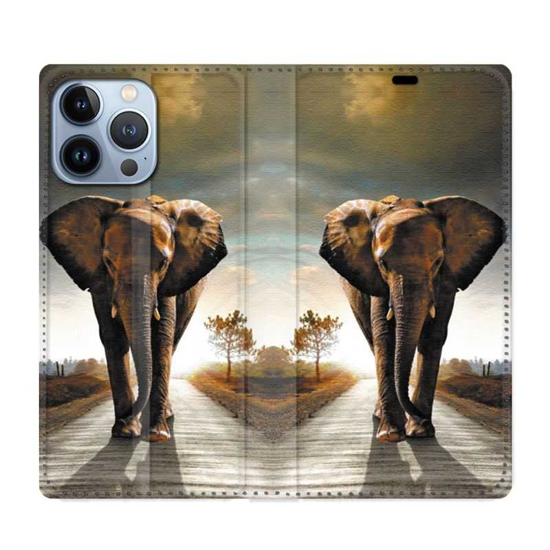 Housse Cuir Portefeuille Pour Iphone 13 Pro Savane Elephant Route