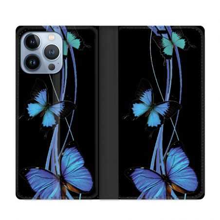 Housse Cuir Portefeuille Pour Iphone 13 Pro Papillon bleu sur Noir