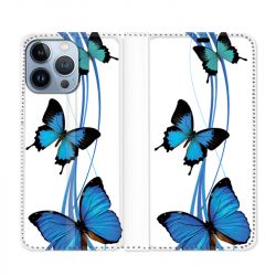 Housse Cuir Portefeuille Pour Iphone 13 Pro Papillon bleu sur Blanc
