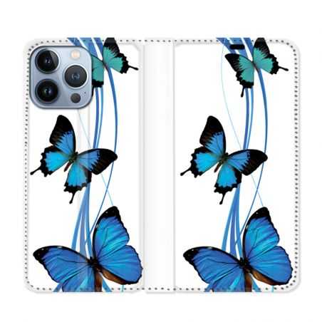 Housse Cuir Portefeuille Pour Iphone 13 Pro Papillon bleu sur Blanc