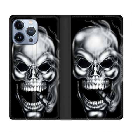 Housse Cuir Portefeuille Pour Iphone 13 Pro Max Tete de Mort Fume