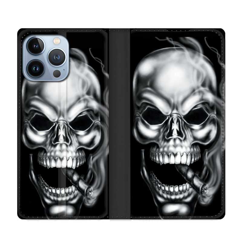 Housse Cuir Portefeuille Pour Iphone 13 Pro Max Tete de Mort Fume
