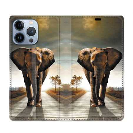 Housse Cuir Portefeuille Pour Iphone 13 Pro Max Savane Elephant Route