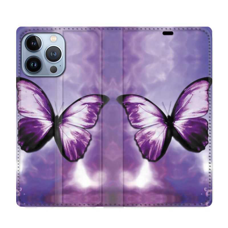 Housse Cuir Portefeuille Pour Iphone 13 Pro Max Papillon Violet et Blanc